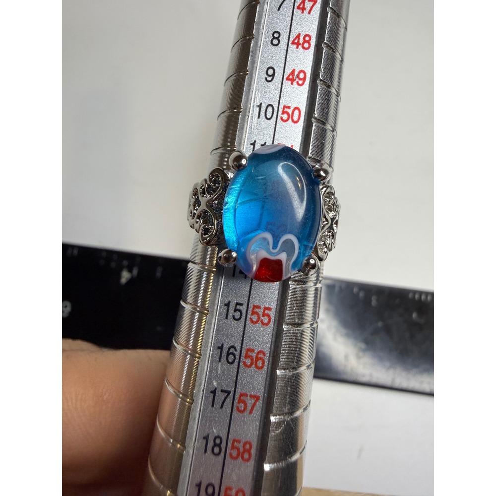 Silver Tone Blue Oval Art Glass Cabochon Filigree Statement Ring Size 6.25